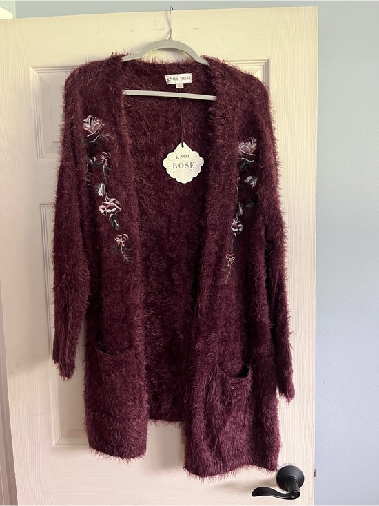 Knox Rose Sweaters - NEW Knox Rose Wine Eyelash Open Cardigan Sweater Floral Purple Whimsigoth Soft L